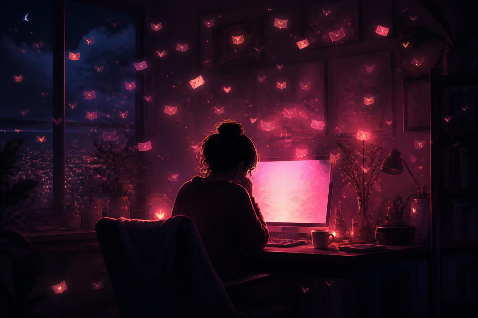 A man alone before a glowing screen on a pink night